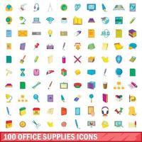 100 office supplies icons set, cartoon style vector