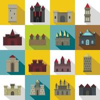 Towers and castles icons set, flat style vector