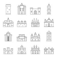 Towers and castles icons set, outline style vector