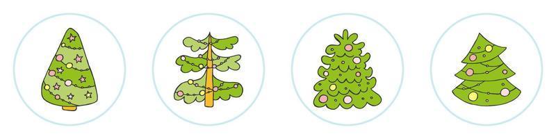 A hand-drawn christmas tree. Vector illustration in doodle style. Winter mood. Hello 2023. Merry Christmas and Happy New Year. Green trees with a yellow and pink toys on a white background.