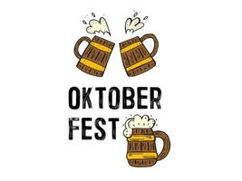 Oktoberfest 2022 - Beer Festival. Hand-drawn set of Doodle Elements. German Traditional holiday. Colored wooden beer mugs with lettering on a white background. vector