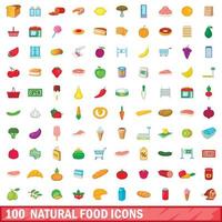 100 natural food icons set, cartoon style vector
