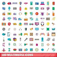 100 iconos multimedia, estilo de dibujos animados vector