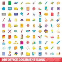 100 office document icons set, cartoon style vector