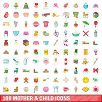 100 iconos de madre e hijo, estilo de dibujos animados vector