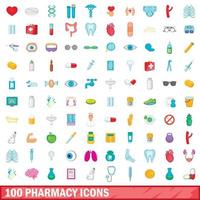 100 pharmacy icons set, cartoon style vector