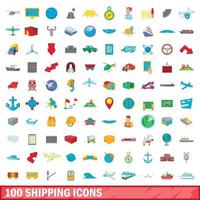 100 conjunto de iconos de envío, estilo de dibujos animados