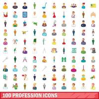 100 profesión, conjunto de iconos de estilo de dibujos animados vector