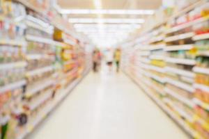 Supermarket aisle with product shelves abstract blur defocused background photo