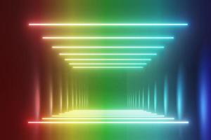 Render 3d de luz de neón rgb sobre fondo oscuro. las líneas láser abstractas se muestran por la noche. escena del haz del espectro ultravioleta foto