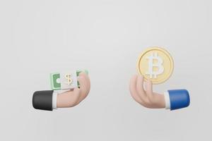 Intercambio de manos de dibujos animados en 3d entre dinero fiduciario y bitcoin. transacciones de criptomonedas en la red de blockchains. foto