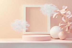 3d render of abstract pedestal podium display with Tropical leaves and coral pink pastel plant scene. Product and promotion concept for advertising. Blue pastel natural background. photo