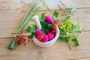 Fresh herbs in the mortar, alternative medicine photo