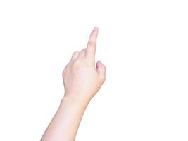 female hand touching or pointing to something isolated on white photo