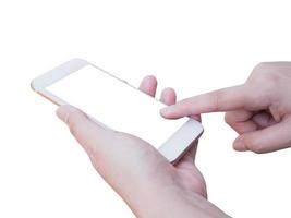 Hand holding smart phone isolated on white background photo