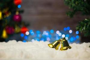 Christmas tree decorated background with snow and bokeh, Christmas and New Year holidays. photo