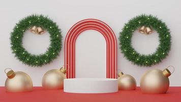 3d Display Podium for product and cosmetic presentation with Merry Christmas and Happy new year concept. Modern geometric. Platform for mock up and showing brand. Minimal clean design. photo