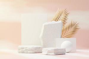 3d render of rock podium display with Tropical nature scene. Product and promotion concept for advertising. Abstract Stone pedestal for presentation objects. photo