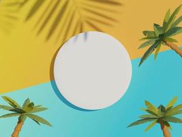 Vista superior en 3d del marco del cilindro en blanco blanco para maquetas y productos de exhibición con escena de playa de verano y sombra de hojas de palma. fondo de la temporada de verano. foto
