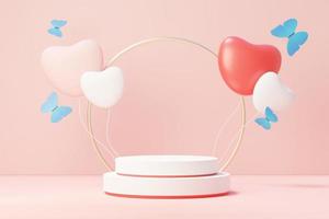 3d render minimal sweet scene with display podium for mock up and product brand presentation. Pink Pedestal stand for Valentine's Day's theme. Cute lovely heart background. Love day's design style. photo