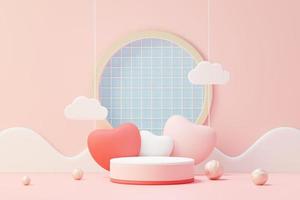 3d render minimal sweet scene with display podium for mock up and product brand presentation. Pink Pedestal stand for Valentine's Day's theme. Cute lovely heart background. Love day's design style. photo