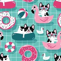 Seamless vector pattern with cute dogs with pool floats in a swimming pool.