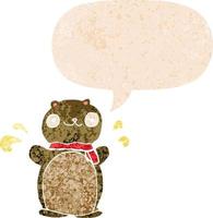 cartoon happy teddy bear and speech bubble in retro textured style vector