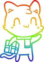 dibujo de línea de gradiente de arco iris gato feliz de dibujos animados con bufanda vector