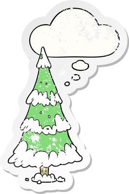 cartoon christmas tree and thought bubble as a distressed worn sticker