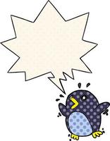 cartoon frightened penguin and speech bubble in comic book style vector