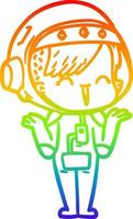 rainbow gradient line drawing happy cartoon space girl shrugging shoulders vector