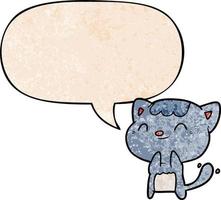 Cute dibujos animados feliz pequeño gato y burbuja de habla en estilo de textura retro vector