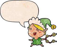 cartoon happy christmas elf and speech bubble in retro texture style vector