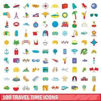 100 travel time icons set, cartoon style vector