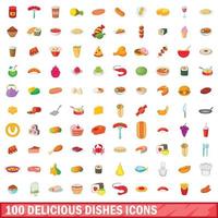 100 platos deliciosos, conjunto de iconos de estilo de dibujos animados vector