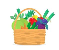 ilustración vectorial de cesta de mimbre con diferentes verduras. repollo, zanahorias, pepinos, berenjenas, rábanos, tomates, patatas, puerros, remolachas. ilustración de la cosecha