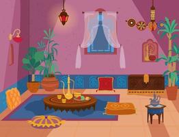 salón tradicional de Oriente Medio con muebles de madera y elementos decorativos. vector de dibujos animados