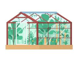 Vector illustration of greenhouse with tropical plants inside. Glass house. Isolated on white. Flat illustration.