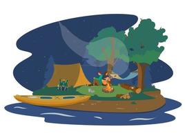 Night campsite near river with couple near campfire playing the guitar. Kayak, tent, backpack, hammock, campfire, firewood, axe. Night landscape. Flat cartoon vector illustration.