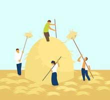 Vector illustration of people collecting hay to one big  haystack. Team work concept.