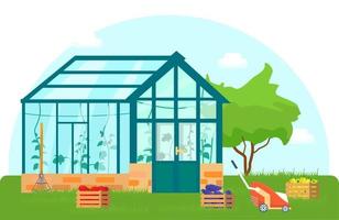 Vector illustration of greenhouse with different plants inside in flat style. Glass house with tomatoes and cucumber plants. Wooden boxes with vegetables.