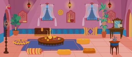 Traditional Middle Eastern Living Room Interior with Wooden Furniture and Decorations. Cartoon vector. vector