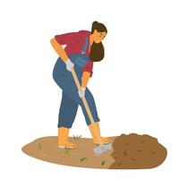 Woman Farmer In Overall Digging With Shovel. Flat Vector Illustration.