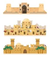 conjunto de arquitectura islámica tradicional. caravanserai, pueblo antiguo, castillo. edificios de adobe. ilustración vectorial plana aislada en blanco. vector