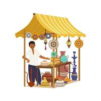 Asian man standing near street shop offering traditional goods and crafts. Ceramics shop. Street bazaar. Cartoon vector illustration. Isolated on white.