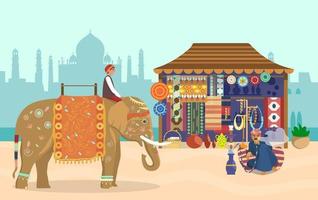Vector illustration of Indian life. Elephant rider on decorated elephant, Taj Mahal silhouette, souvenir shop, pottery, carpets, fabrics, jewelry, man smoking hookah sitting on a pillow.