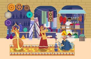 Vector illustration of Asian market with different stores and people. Pottery shop, carpets shop, spices shop, women dancing in traditional dresses, man smoking hookah, seller offering goods.