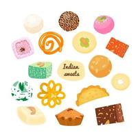 Vector set of traditional Indian sweets. Laddu, gujiya, sandesh, gulab jamun, jalebi, rasgulla and others.