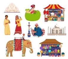 Indian vector set. Lotus temple, Taj Mahal, Indian women in traditional dresses, man smoking hookah, indian elephant with rider, spices street shop, souvenir shop, woman picking tea leaves.