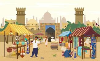 Vector illustration of Indian market with people and different shops with ancient cityscape at the background.Ceramics, fabrics, carteps,spices, sweets, vegetables. Asian characters. Asian bazaar.